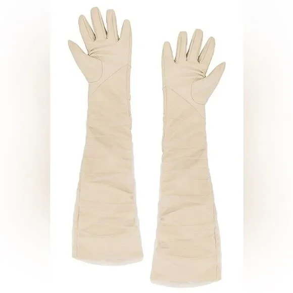 LaMarque Marilyn faux leather tulle gloves bone cream elbow length Revolve